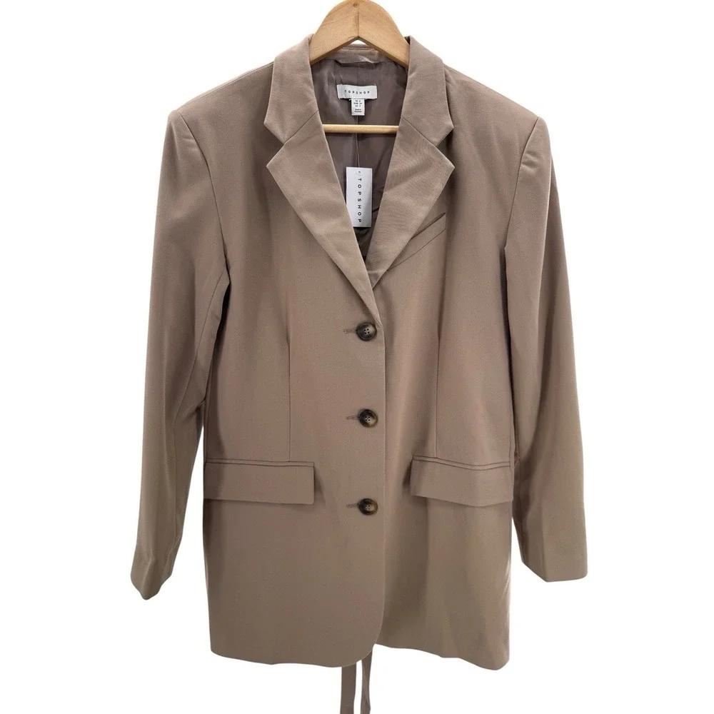 Topshop Belted Blazer Jacket Tan Beige Size 2‎ NWT Tailored Longline Modern Fit